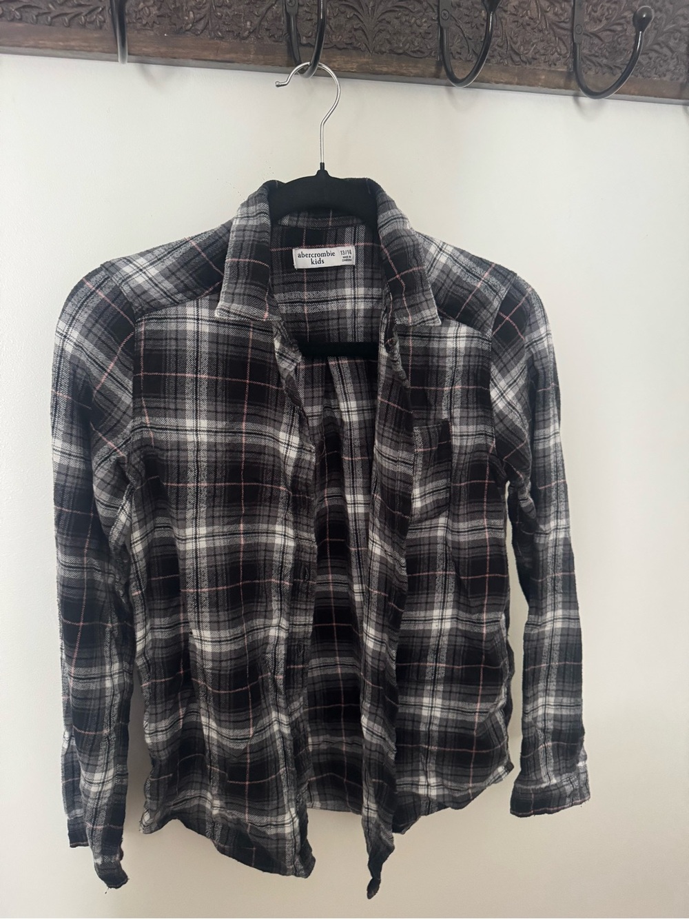 Abercrombie Kids Plaid Flannel Button Down Shirt Gray Pink 13/14